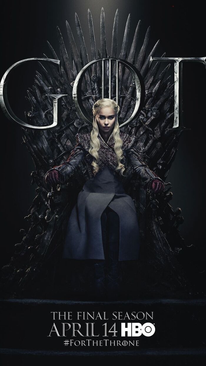 "Character sitting on the Iron Throne, promoting the final season of a popular TV show."