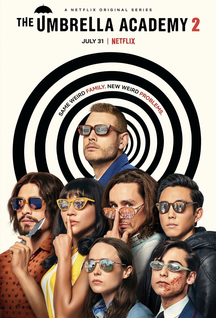 "Cast of The Umbrella Academy in sunglasses, promotional poster for season 2."