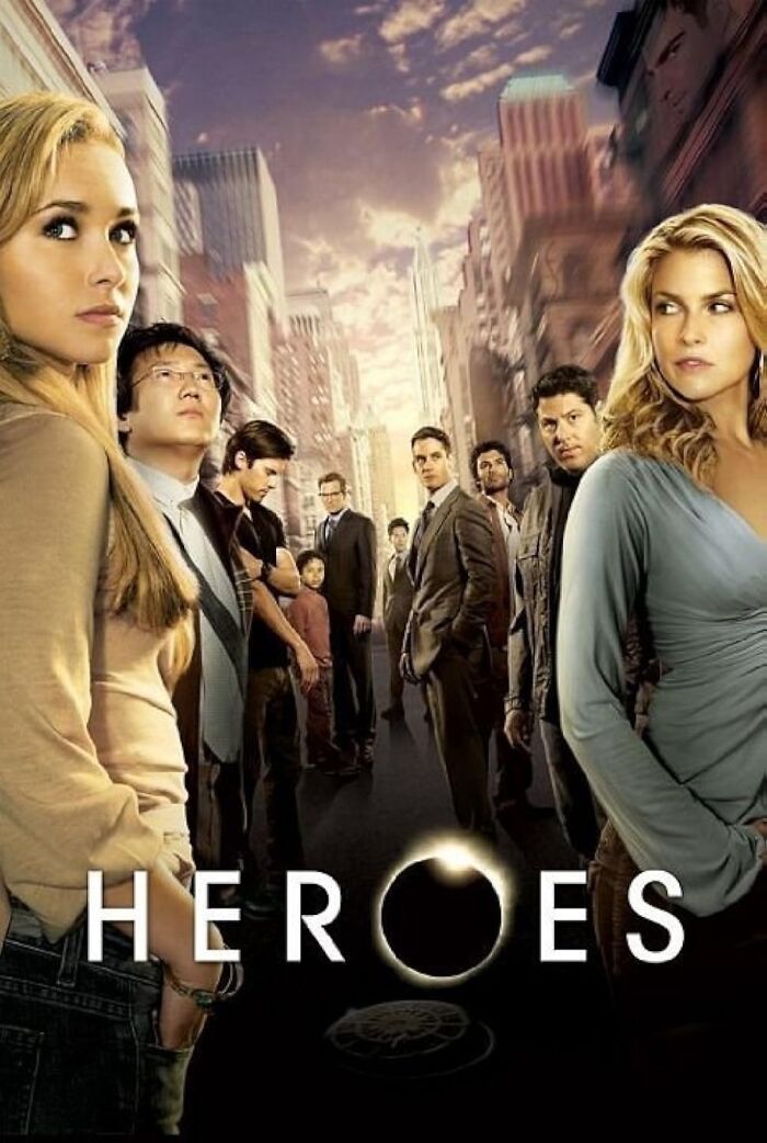 Poster of TV show "Heroes," featuring main characters standing on a city street.