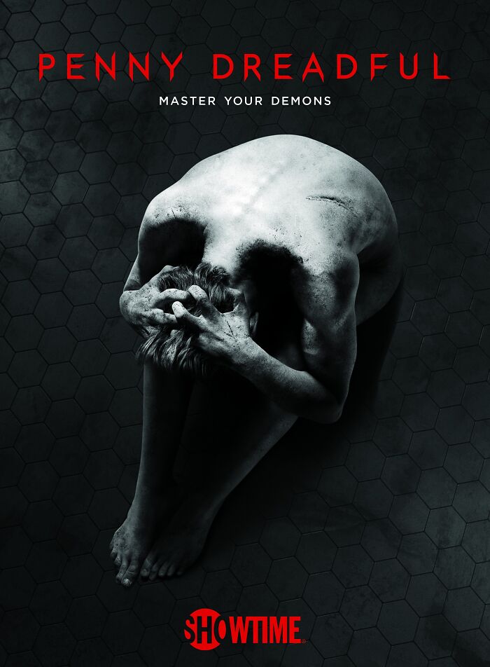 Naked figure curled up on hexagonal floor, promoting Penny Dreadful's "Master Your Demons."