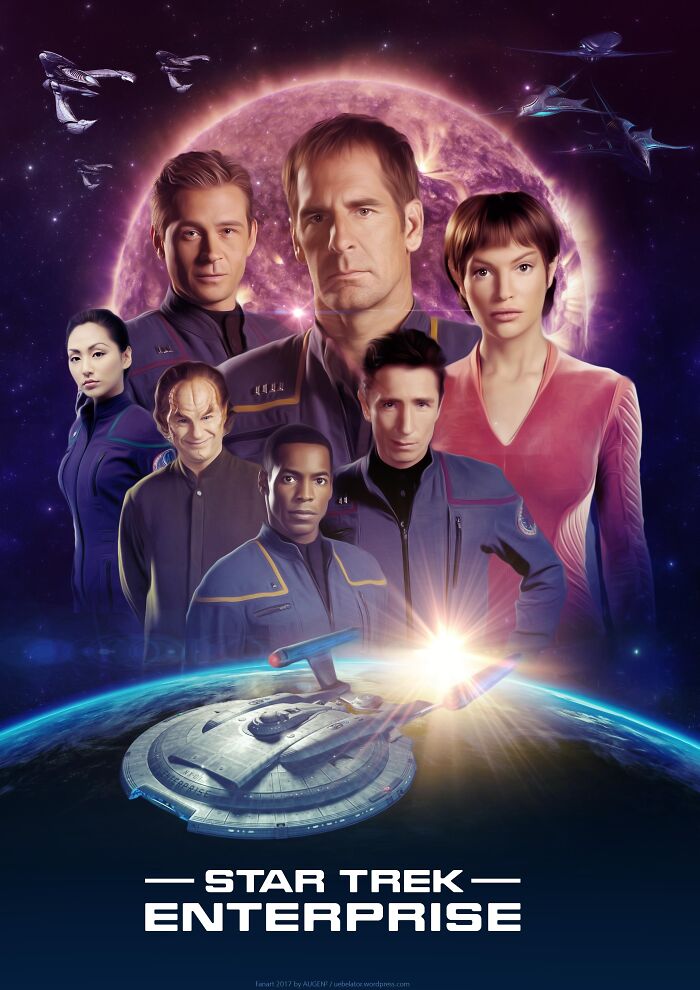 "Star Trek Enterprise cast in space-themed artwork, highlighting TV show disappointments to fans."