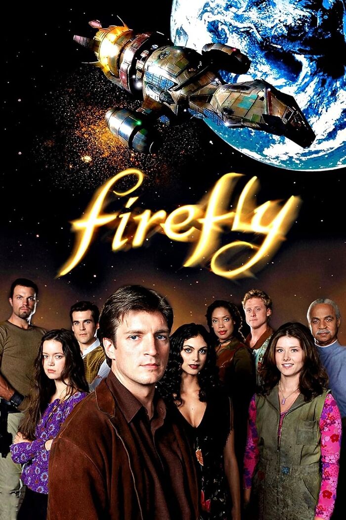 Cast of Firefly standing together with spaceship above, symbolizing TV show disappointments.