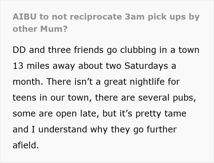 Text discussing a mom's dilemma about not picking up teens at 3AM after clubbing.