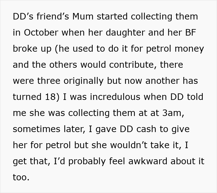 Text about mom refusing to pick up teens at 3 AM after clubbing, discussing petrol money issue.