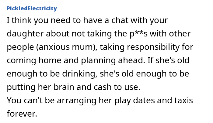 Comment discusses a mom refusing to pick up teens after clubbing, emphasizing responsibility and planning ahead.