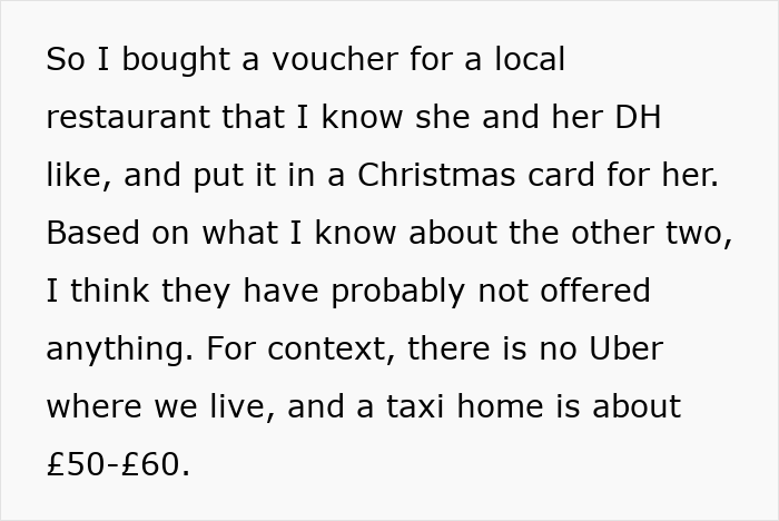 Text discussing gift card for a restaurant and lack of Uber service with expensive taxi fares.