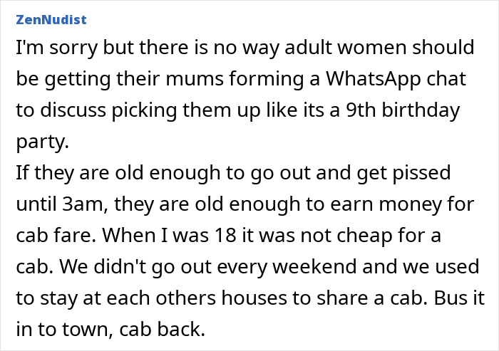 Text discussing refusal to pick up teens after clubbing at 3AM, suggesting they manage their own transport like adults.