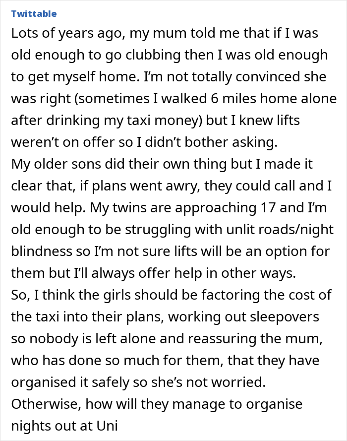 Text discussing a mom's refusal to pick up teens from clubbing at 3 AM, emphasizing independence and planning.