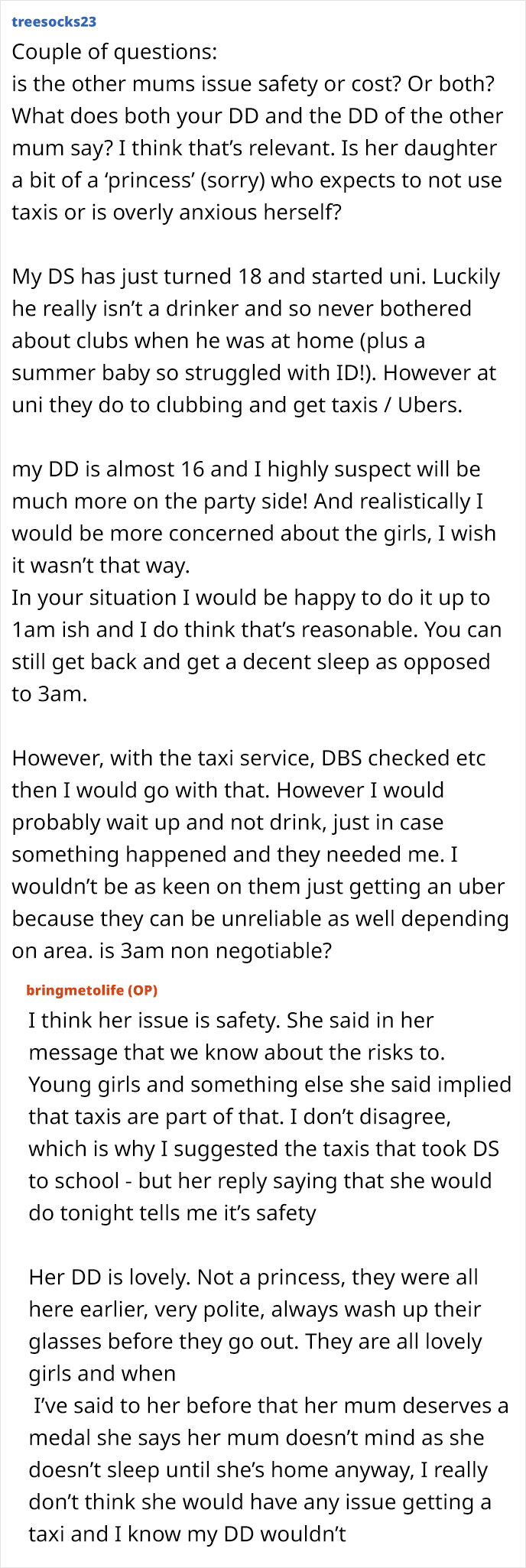 Discussion about safety concerns for teens clubbing and using taxis at 3AM.