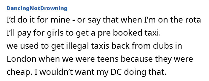 Text discussing teens taking taxis after clubbing and a preference for pre-booked transportation. 