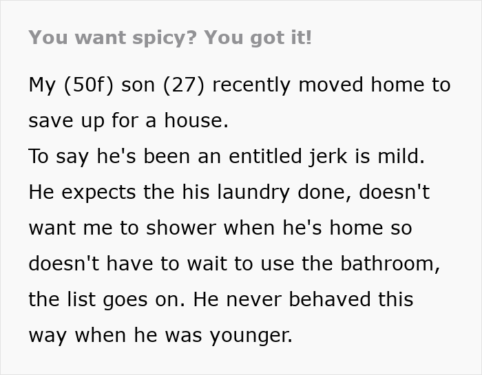 Text about mom's reaction to son's entitled behavior with a spicy twist.