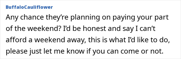 Text message discussing weekend plans mentioning costs, highlighting birthday drama with friends.