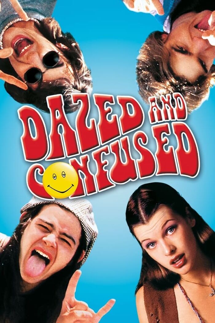 Poster featuring characters from the best nostalgia movie "Dazed and Confused" with playful expressions.