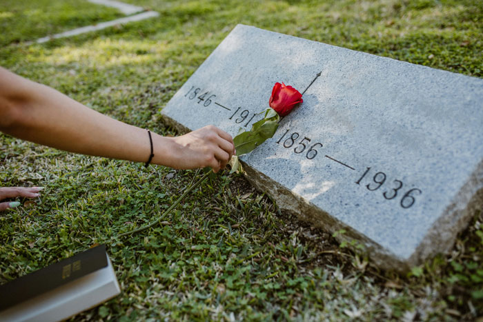 A hand placing a rose on a grave, related to a mystery disappearance of a man missing.