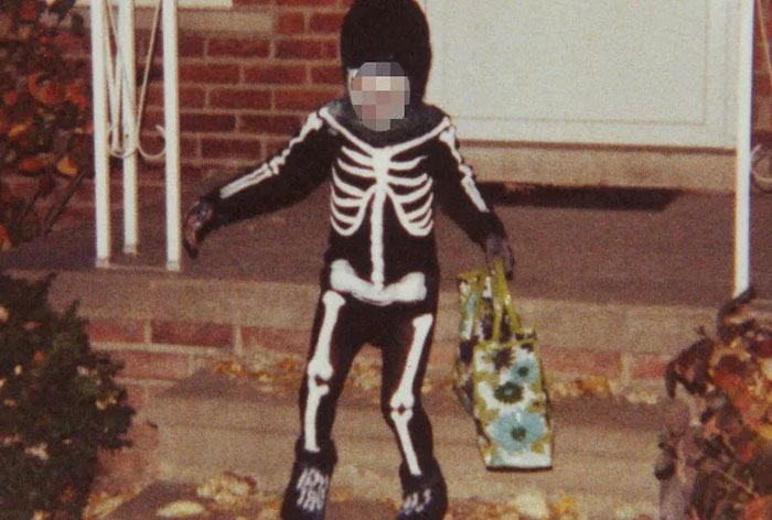 Child in skeleton costume on steps, holding a floral bag, illustrating true crime plot twists.