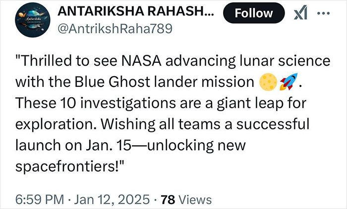 Tweet about NASA's commercial robotic moon launch, highlighting the Blue Ghost lander mission and exploration advancements.