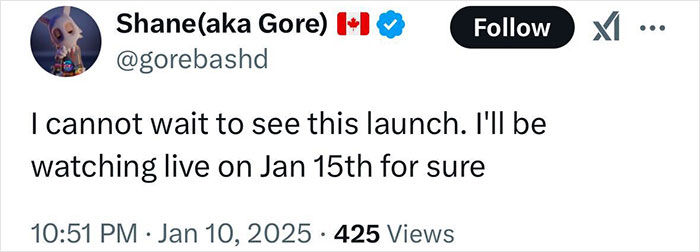 Tweet about watching the commercial robotic moon launch on January 15th.