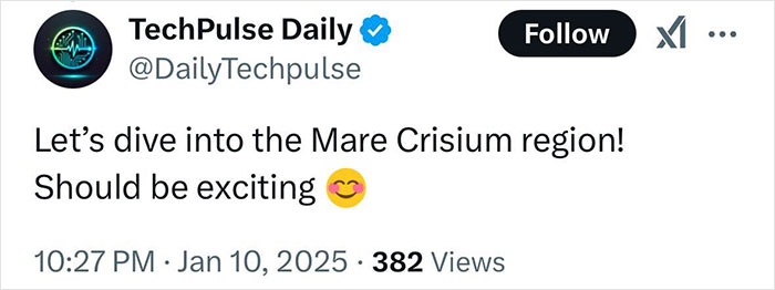 Tweet from TechPulse Daily discussing Mare Crisium before the commercial robotic Moon launch broadcast by NASA.