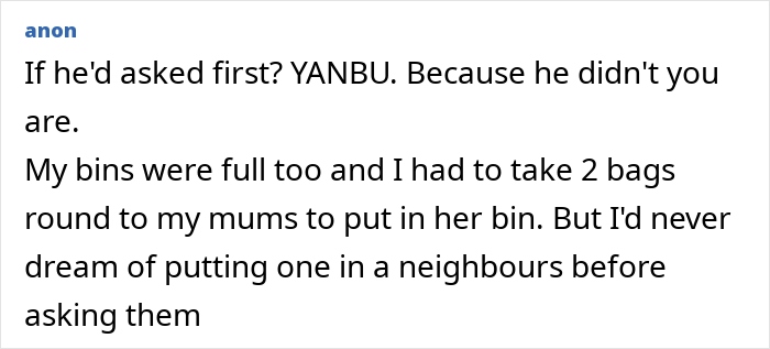 Comment discussing etiquette of using a neighbor's bin for trash disposal.