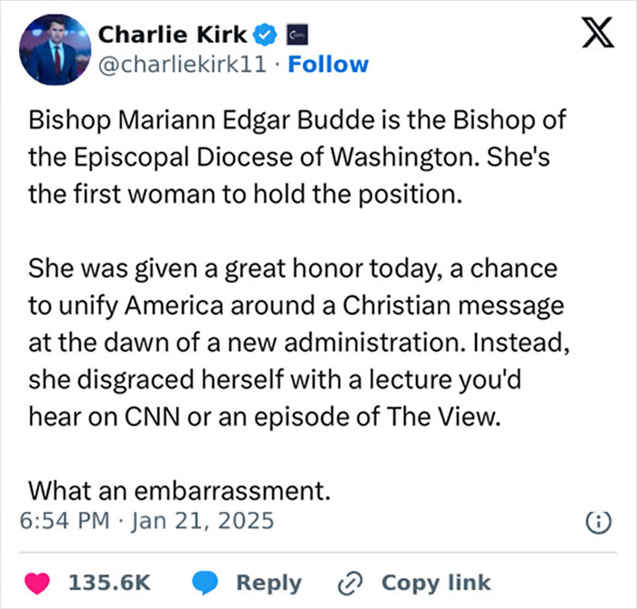 Tweet criticizing Bishop Mariann Budde, mentioning her role in the Episcopal Diocese and comments on a recent sermon.