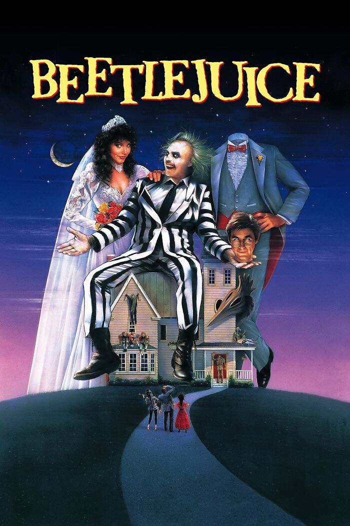 Beetlejuice movie poster featuring characters in front of a haunted house, representing best nostalgia movies.