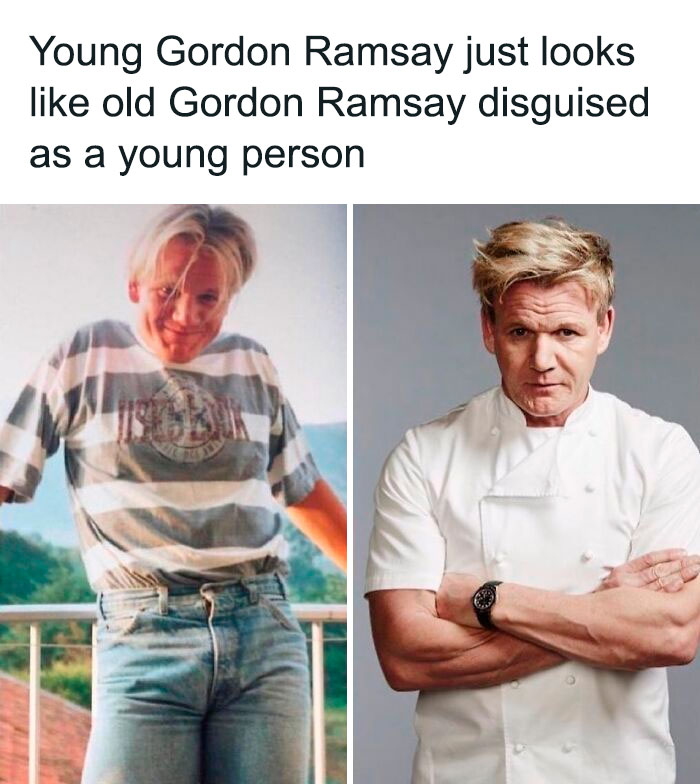 Young and older chef side by side in a humorous British photo comparison.