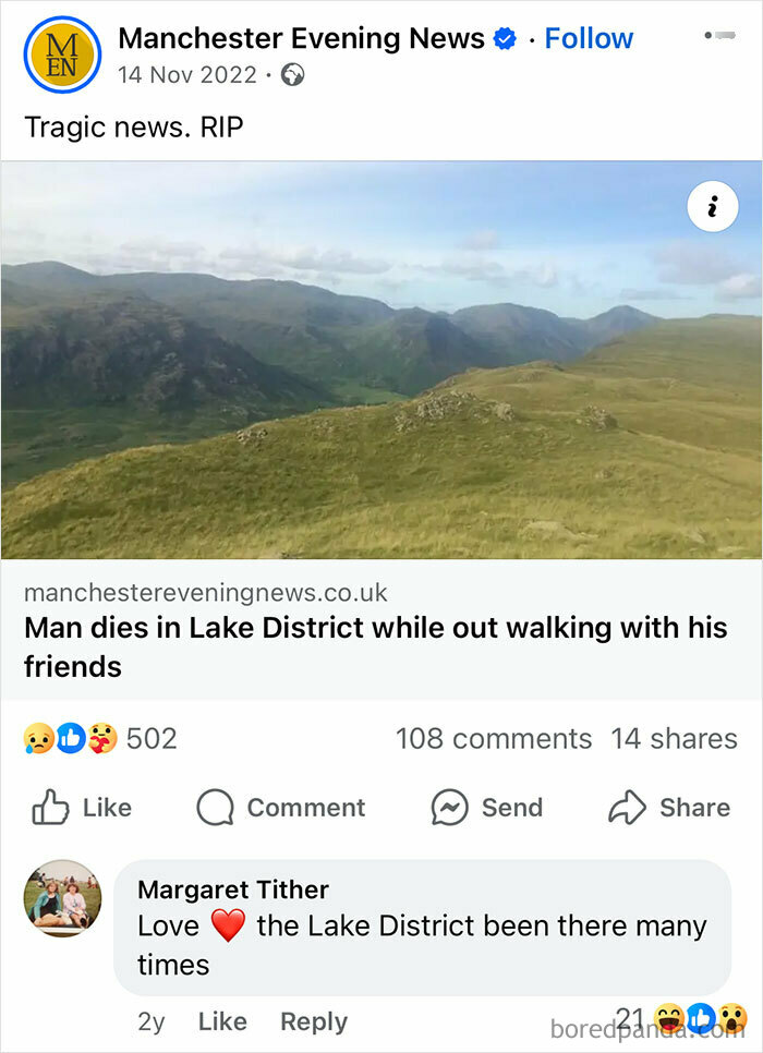 "British news post about tragic Lake District incident, with user comment expressing love for the location."