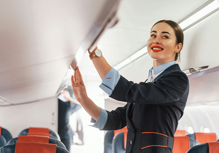 Flight attendant smiling while closing overhead bin, a routine normal to US citizens.