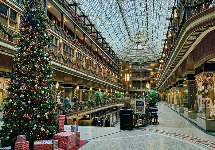 Decorated U.S. shopping mall with Christmas tree and gifts, showcasing things normal to US citizens.