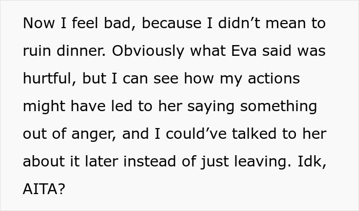 Text about feeling bad for ruining dinner after a sister's hurtful comment regarding a miscarriage, questioning their actions.