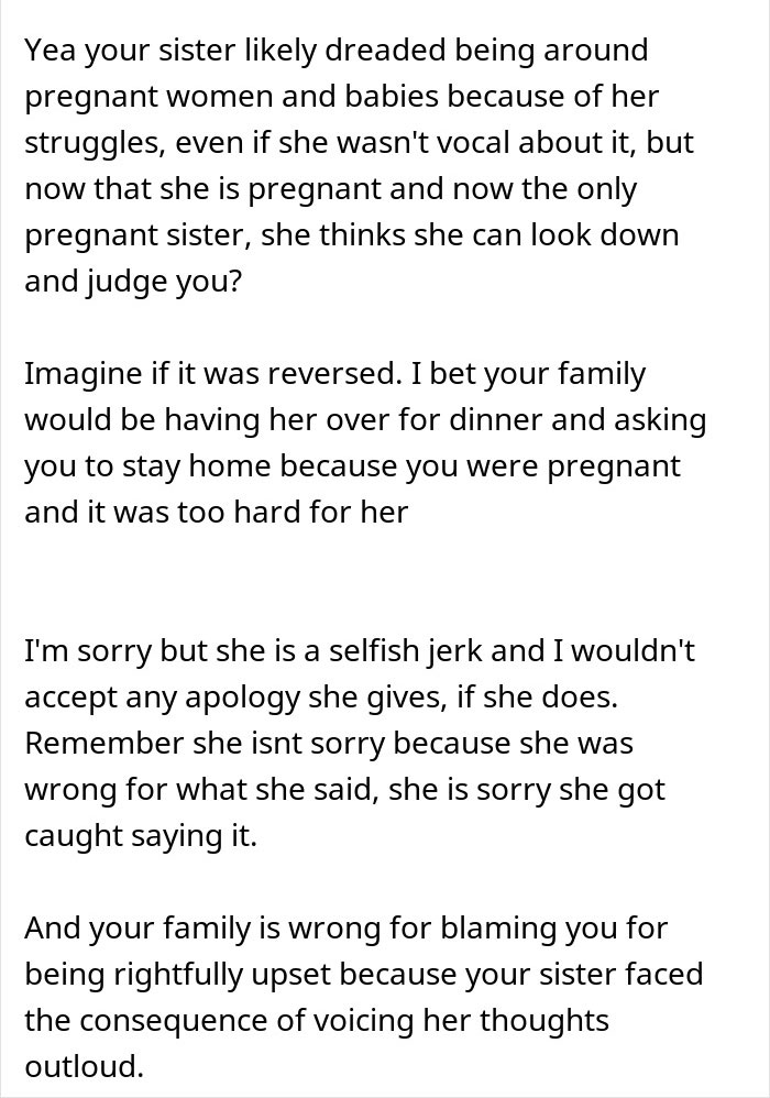 Text message discussing a pregnant woman's mean comment about her sister's miscarriage.