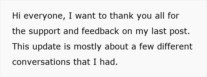 Text screenshot about gratitude and update on recent feedback and conversations.