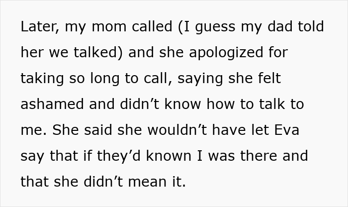 Text message about mother's apology regarding sister's miscarriage comment.