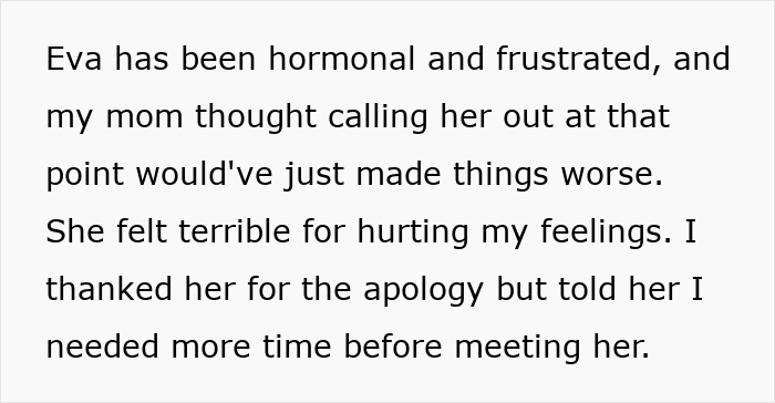 Text about a hormonal and frustrated Eva, apologizing for hurtful comments.