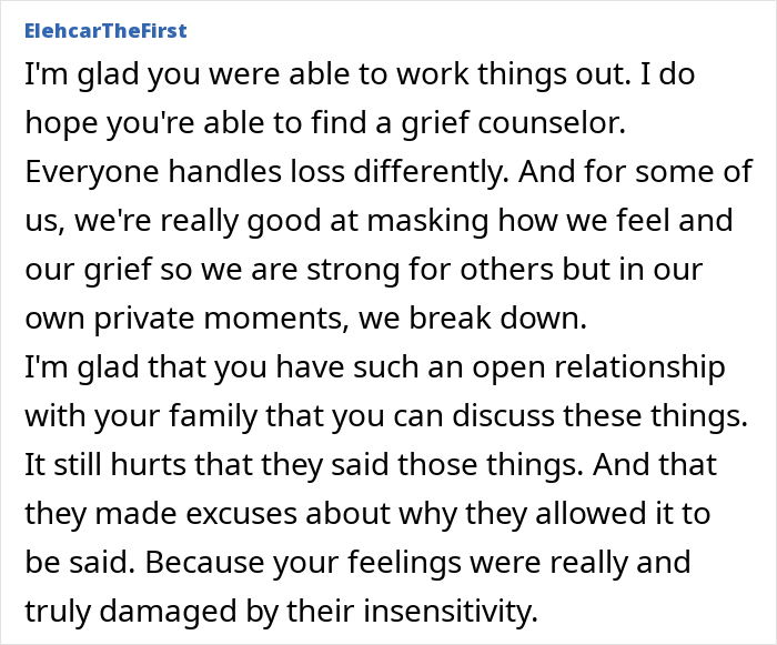 Text message offering support on handling grief and family communication after a mean comment about miscarriage.