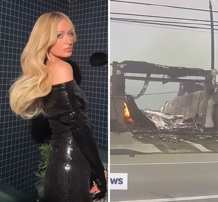 Celebrity in black dress, posing indoors, juxtaposed with image of LA wildfire destruction.