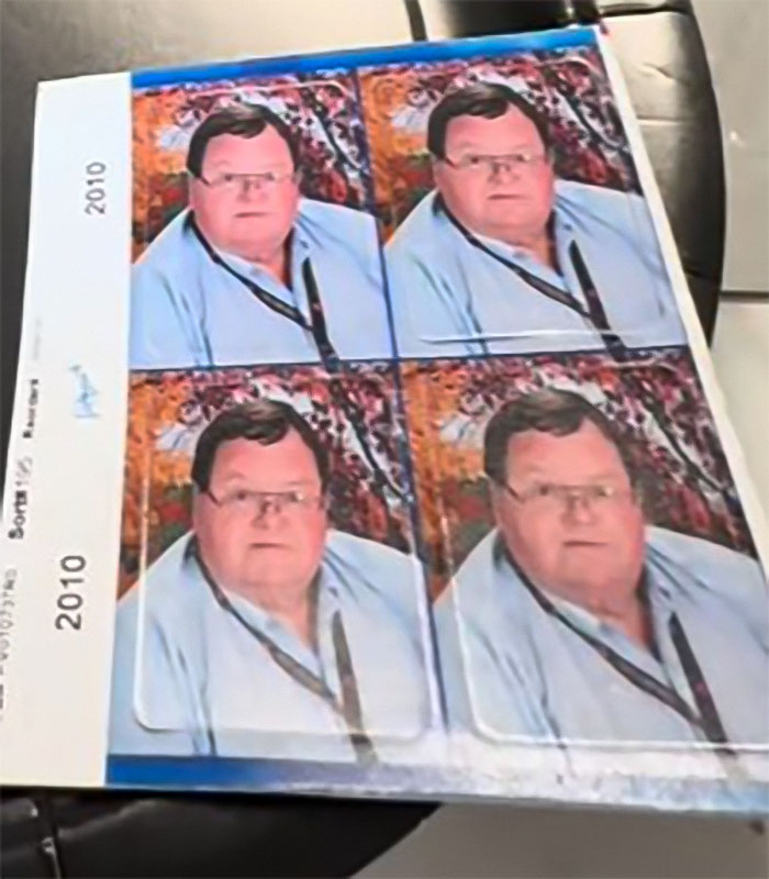 Four identical photos of a man in glasses and a blue shirt with lanyard, dated 2010.