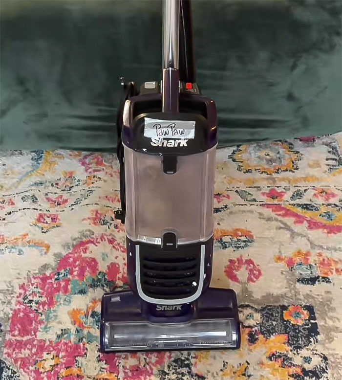 Vacuum cleaner on colorful carpet, associated with mom cleaning sons' mouths from dirt.