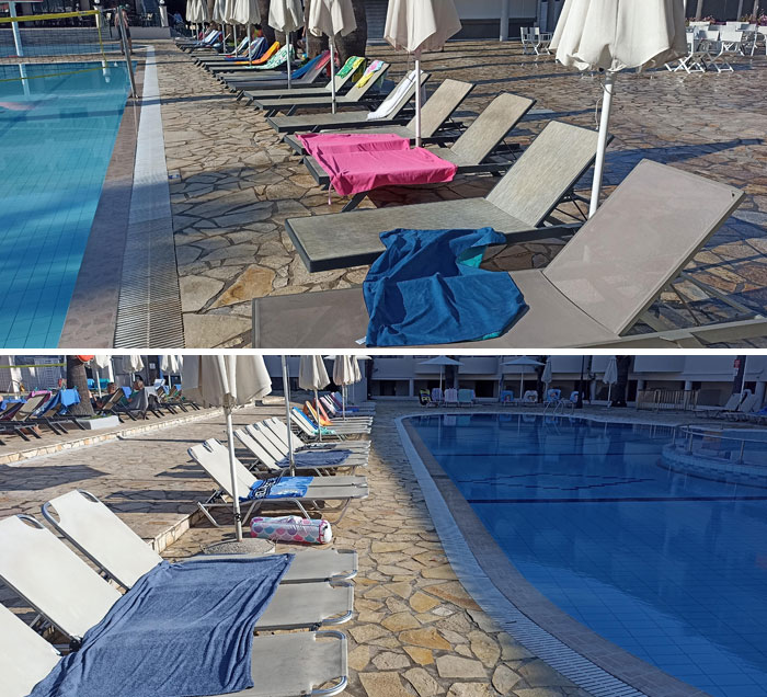 Poolside chairs reserved with towels, showcasing people being jerks.