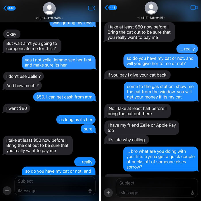 Text messages show a negotiation over a cat, highlighting people being complete jerks.