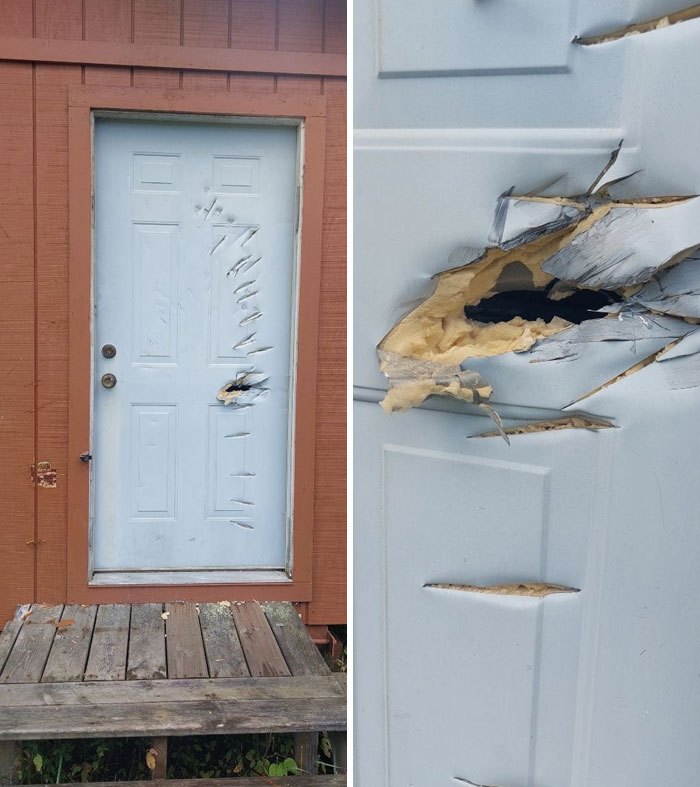 Damaged door with large gashes and holes, showcasing inconsiderate behavior.