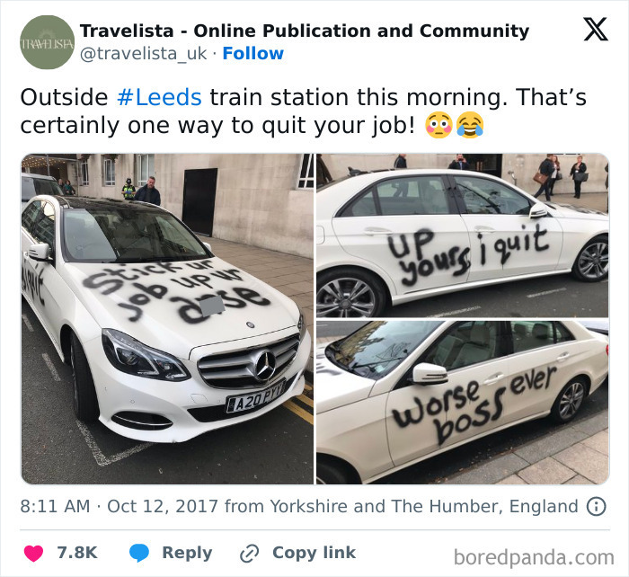 Car outside Leeds station with "People Quitting Jobs" message spray-painted in black.