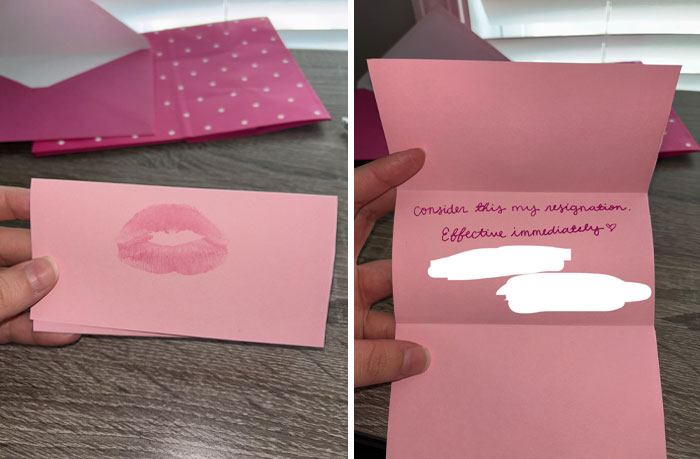 Pink resignation card with lipstick mark, symbolizing people quitting jobs effectively immediately.