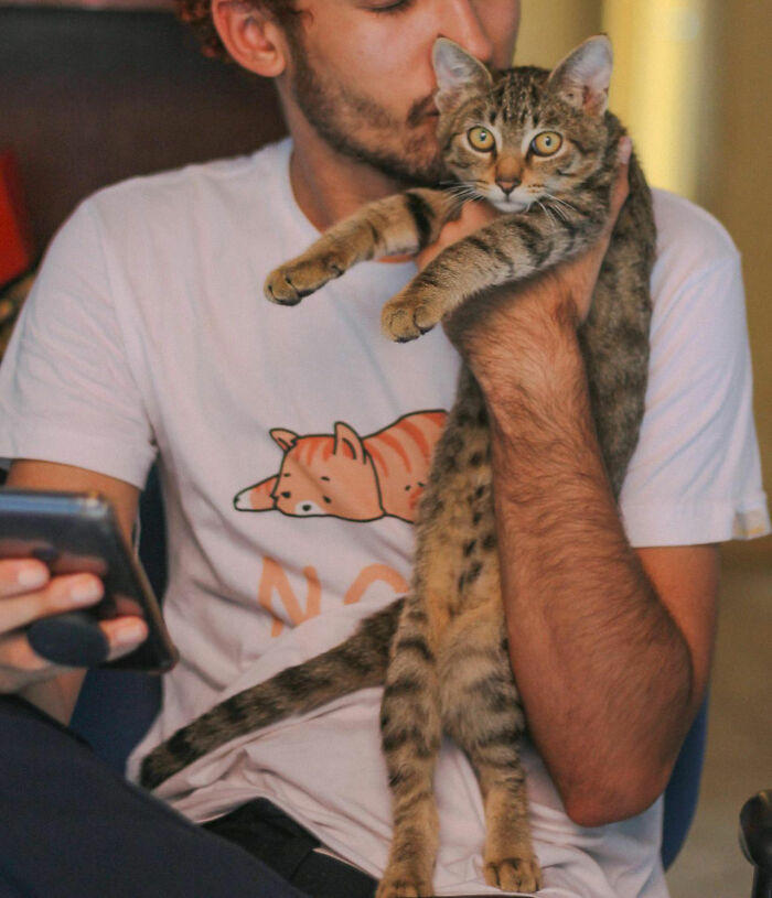 Man holding a cat and using a phone, showcasing non-sexual things to turn women on.