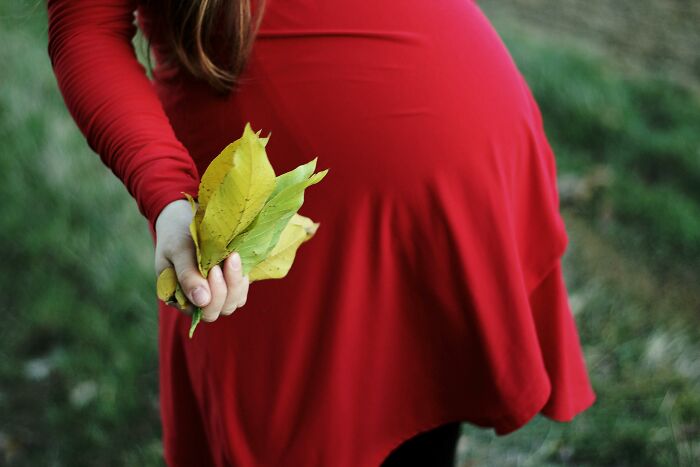 Person in a red dress holding yellow leaves outside.