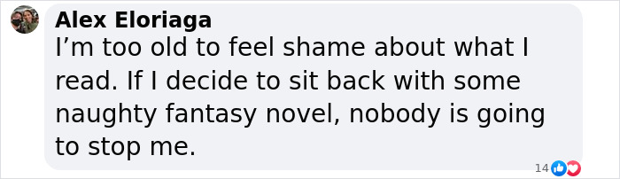 Text message about enjoying reading naughty fantasy novels without shame.