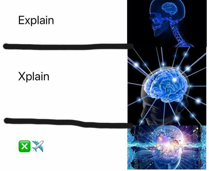 Linguistic meme illustrating brain development from "Explain" to "Xplain" using humorous visuals.