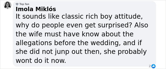 Comment on viral $59 million wedding and husband's legal issues.