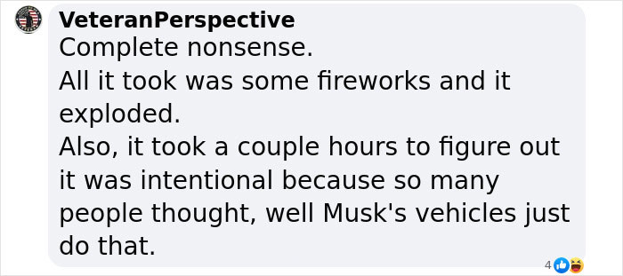 Text from a user named VeteranPerspective commenting on Musk's Cybertruck explosion.