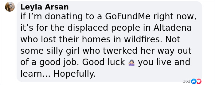 Comment criticizing a GoFundMe for a flight attendant fired over a twerking video, supporting a lingerie business.